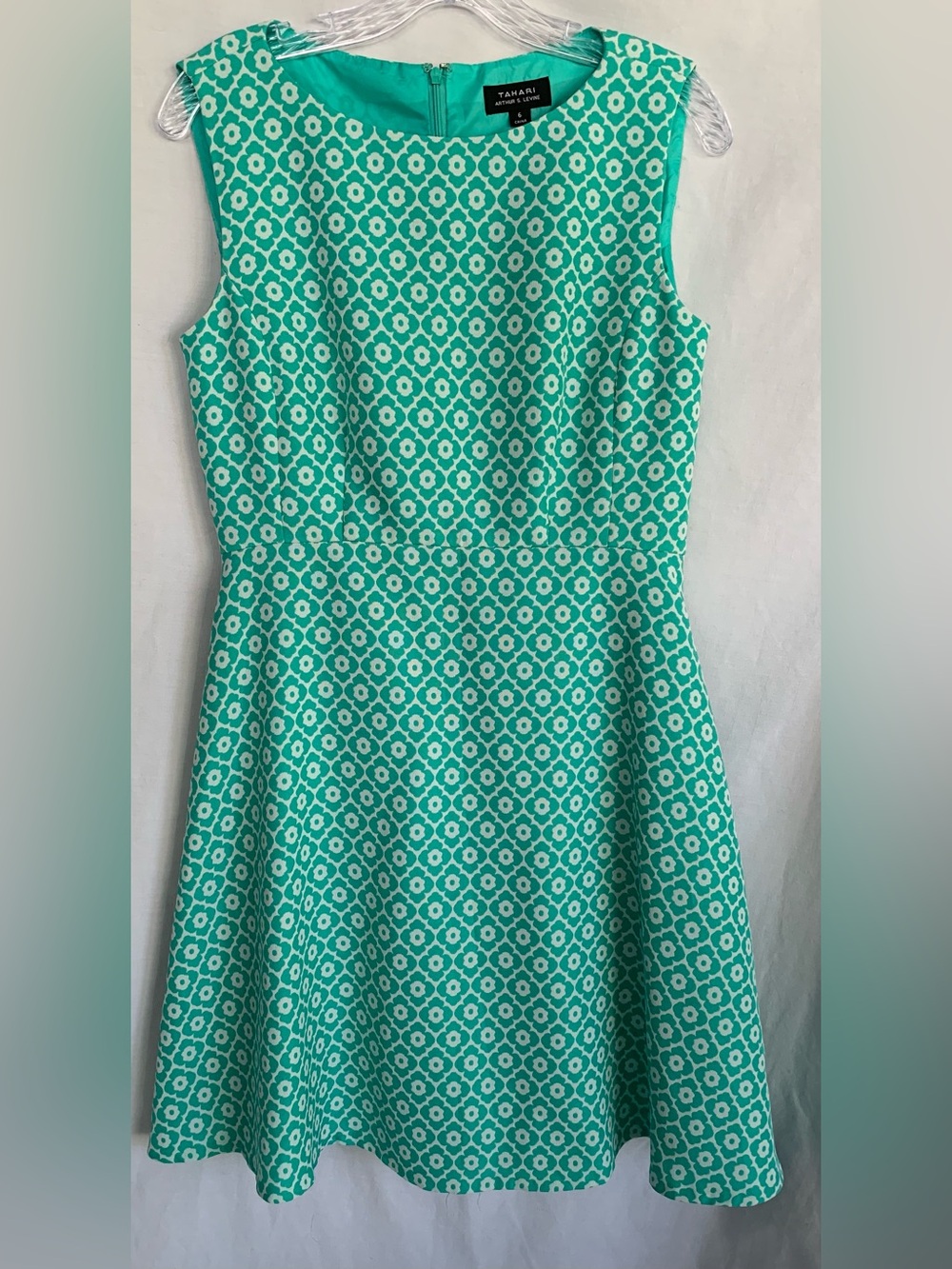 Tahari Mint and White Sleeveless Patterned Fit-and-Flare Dress